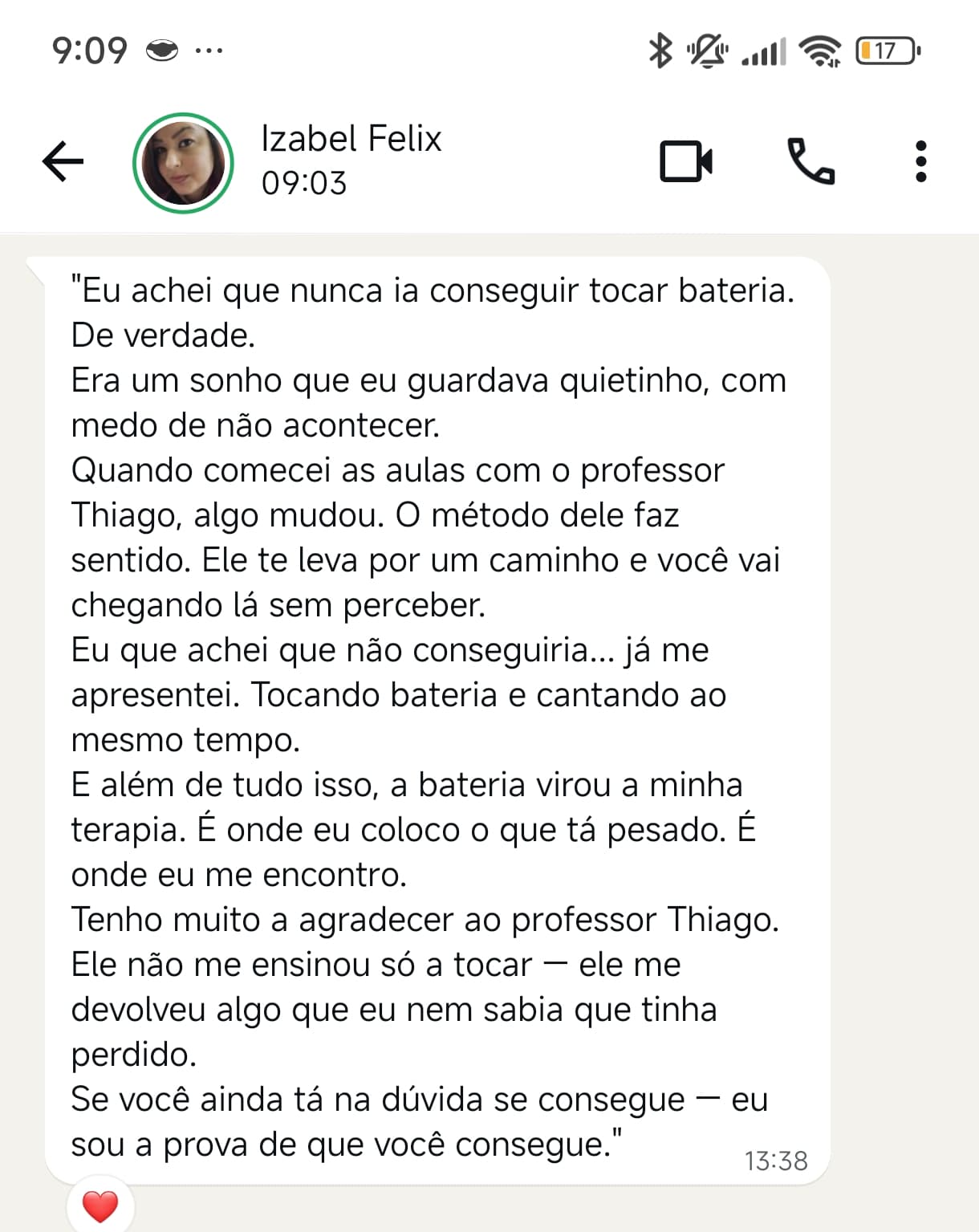Print do depoimento de Aluna do Método DrumTab