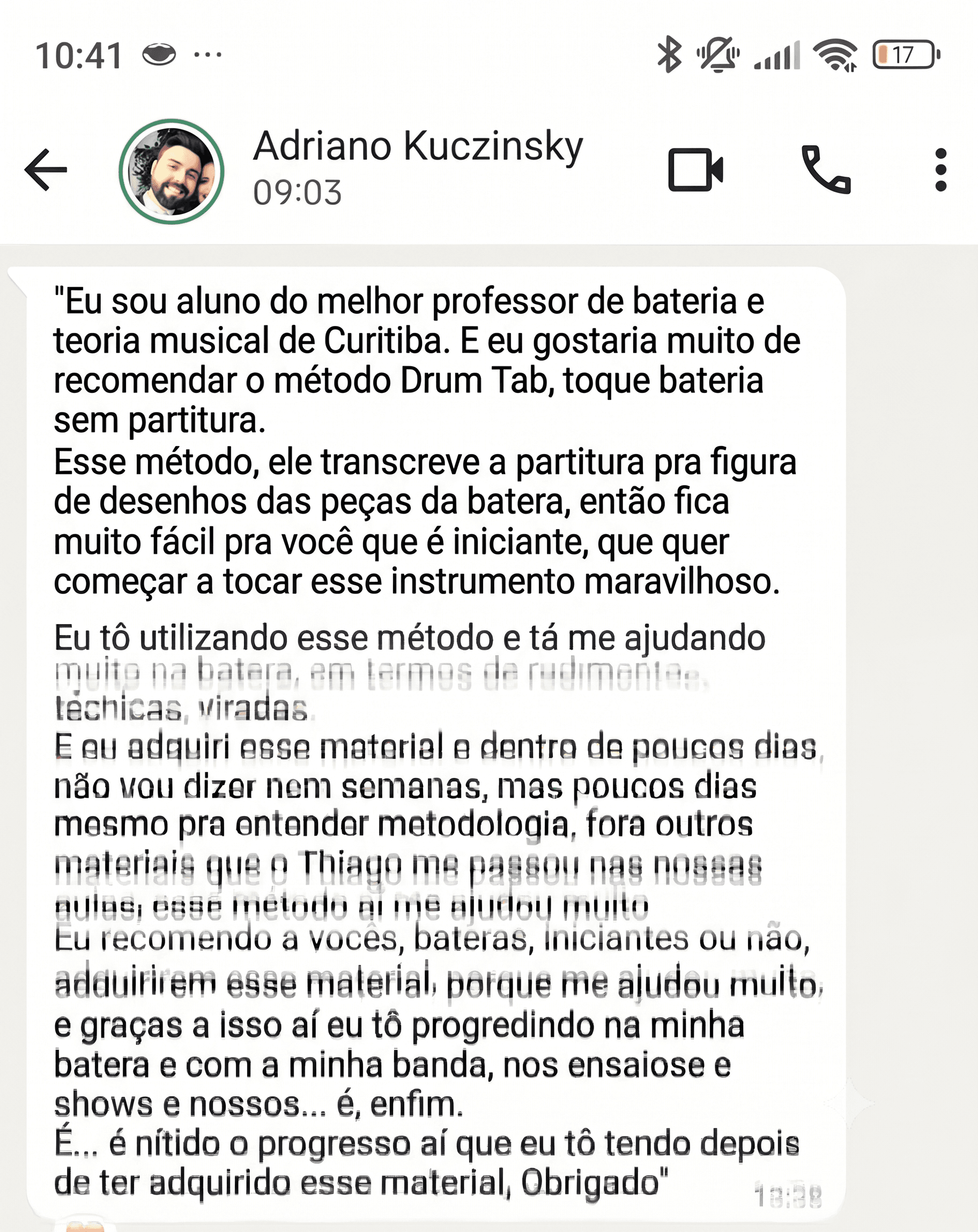 Print do depoimento de Aluno do Método DrumTab